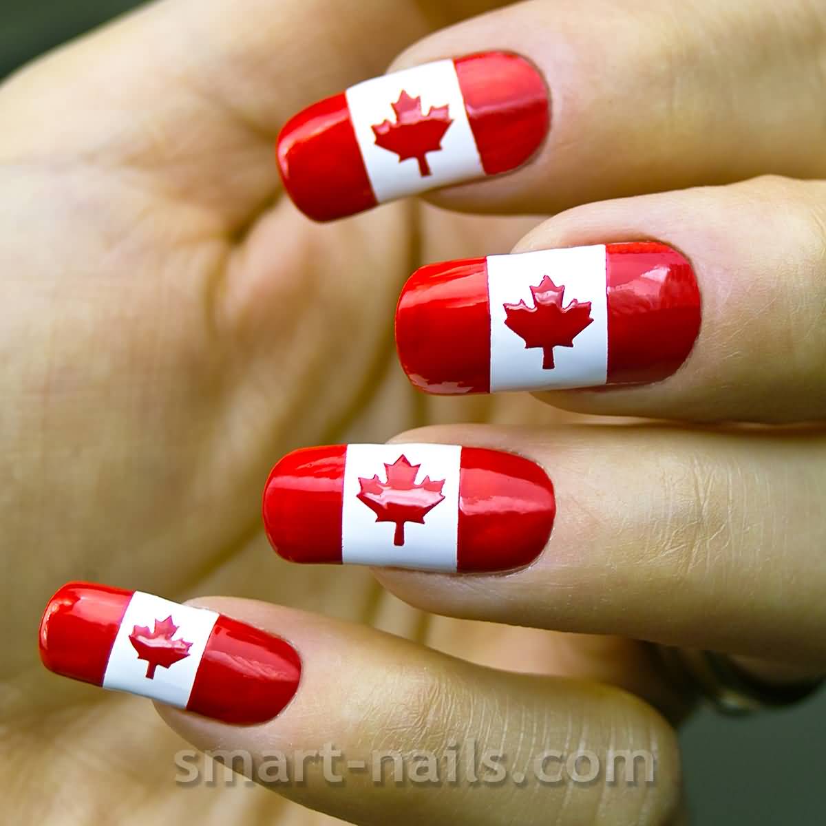 Red And White Canadian Flag Nail Art