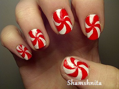 Red And White Candy Cane Nail Art Design