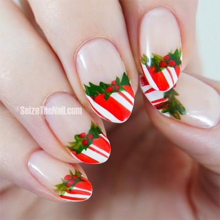 Red And White Candy With Cherry And Leaves Christmas Nail Art