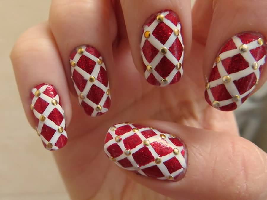 Red And White Corset Design Christmas Nail Art