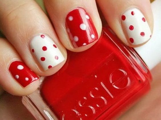 Red And White Dots Design Short Nail Art