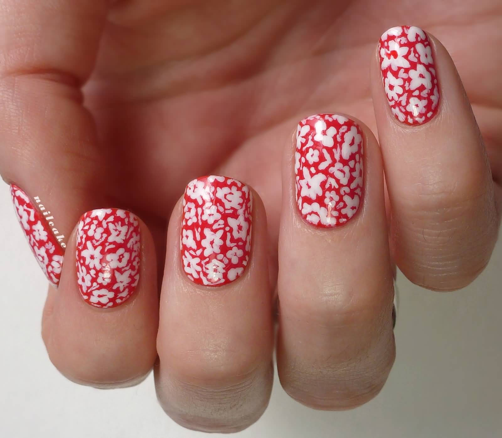 Red And White Floral Nail Art Design Idea