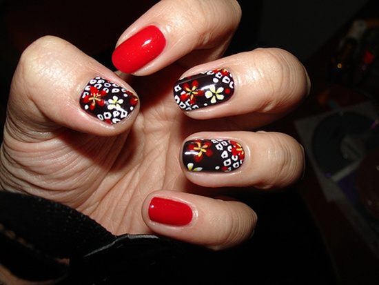 Red And White Flowers Nail Art Design Idea