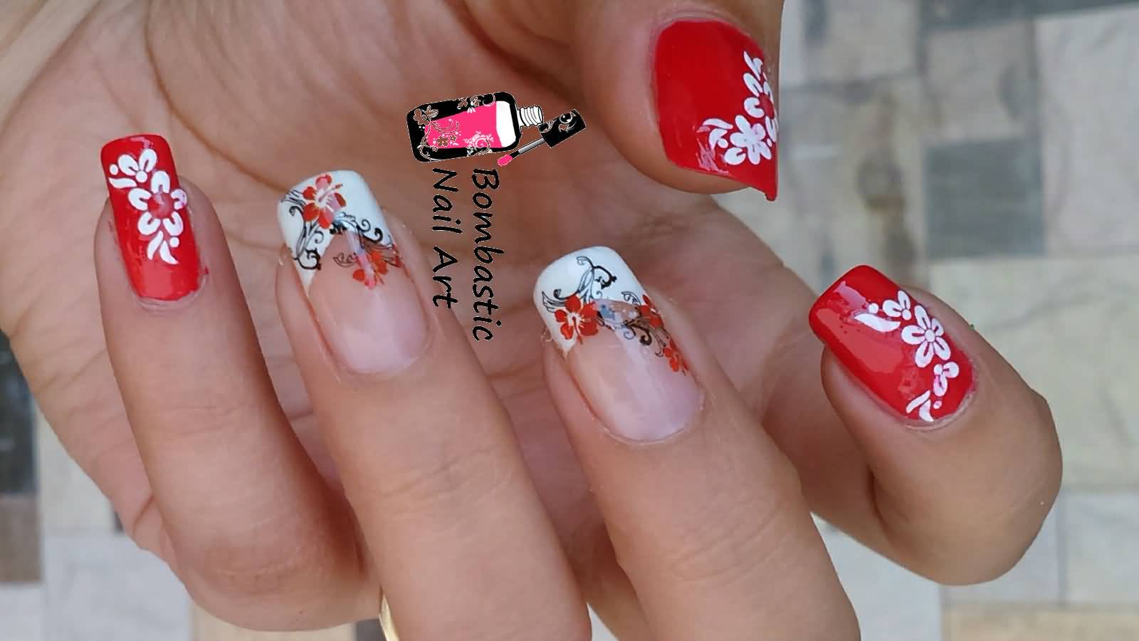 Red And White Flowers Nail Art