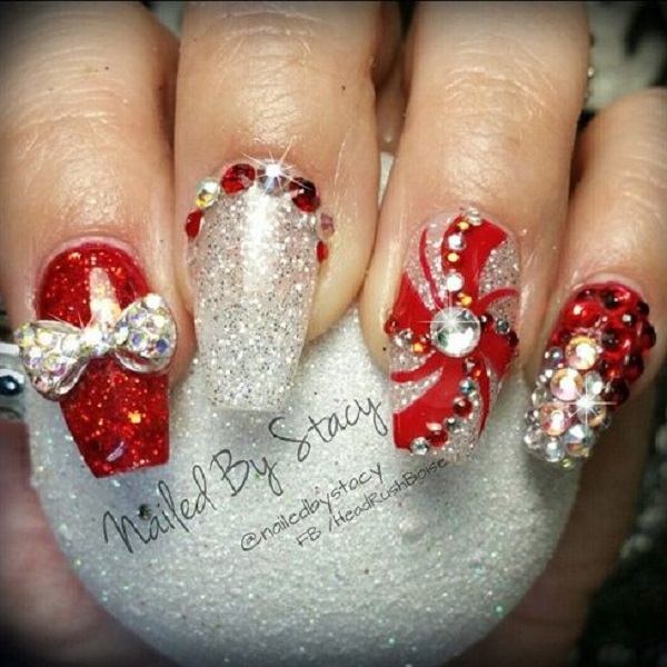 Red And White Gel With Rhinestones And 3D Bow Design Christmas Nail Art
