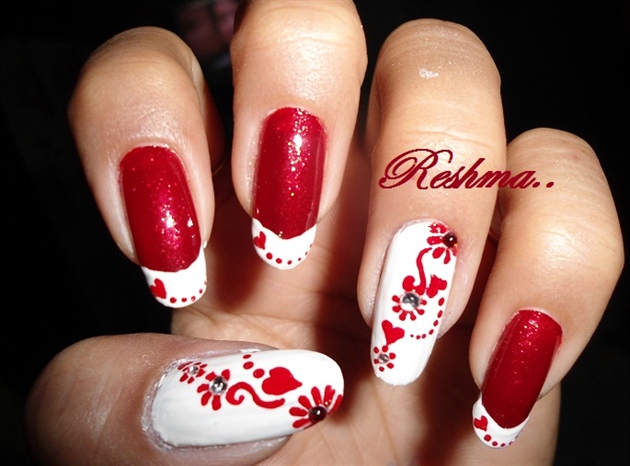 Red And White Hearts Nail Art