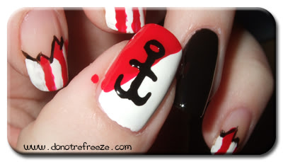 Red And White Nails With Black Acrylic Anchor Pirates Nail Art