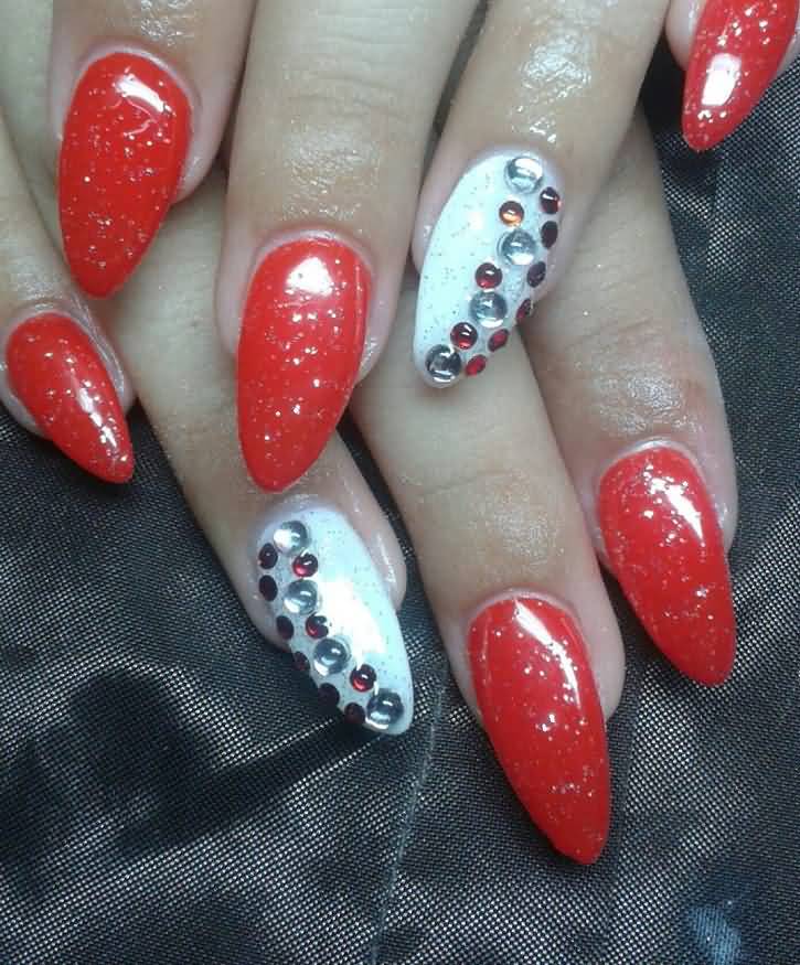 Red And White Nails With Rhinestones Design Idea
