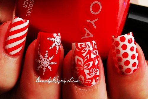 Red And White Polka Dots And Flowers Nail Art Design