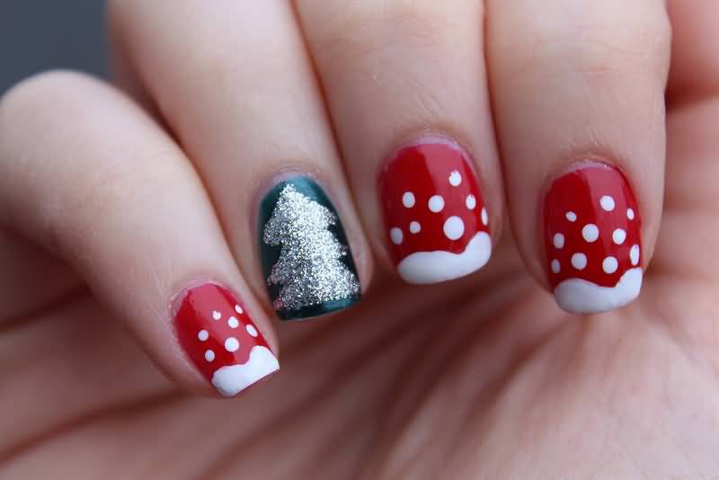 Red And White Polka Dots And Silver Christmas Tree Nail Art Design