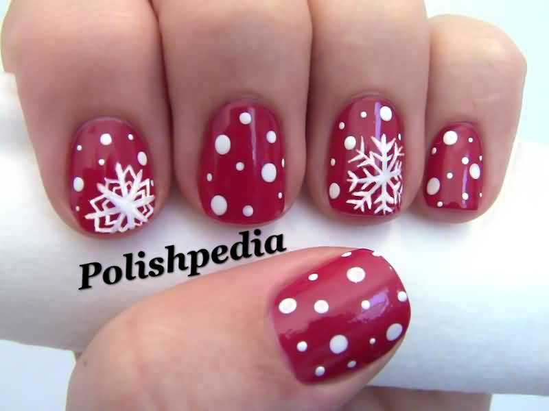 Red And White Polka Dots And Snowflakes Design Christmas Nail Art