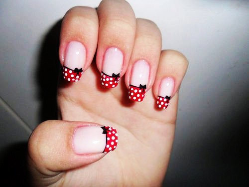 Red And White Polka Dots Tip Nails With Black Bow Design