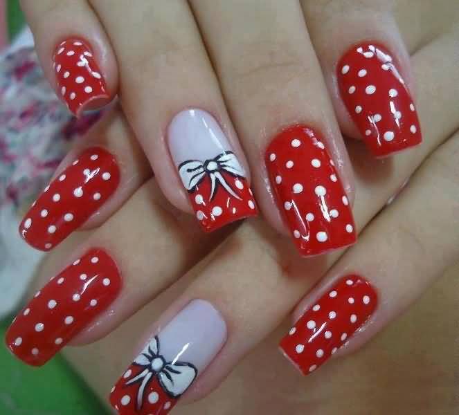Red And White Polka Dots With Bow Design Nail Art