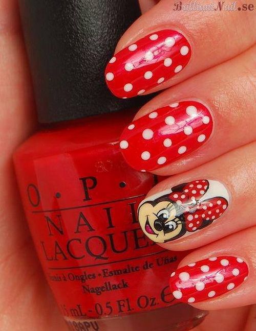 Red And White Polka Dots With Minny Mouse Nail Art Design