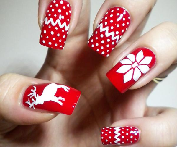 Red And White Reindeer And Flower Christmas Nail Art