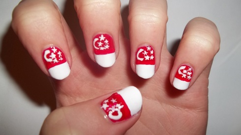 Red And White Singapore Flag Nail Art