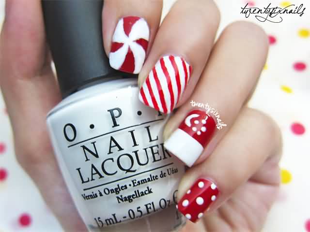 Red And White Singapore Flag Nail Art