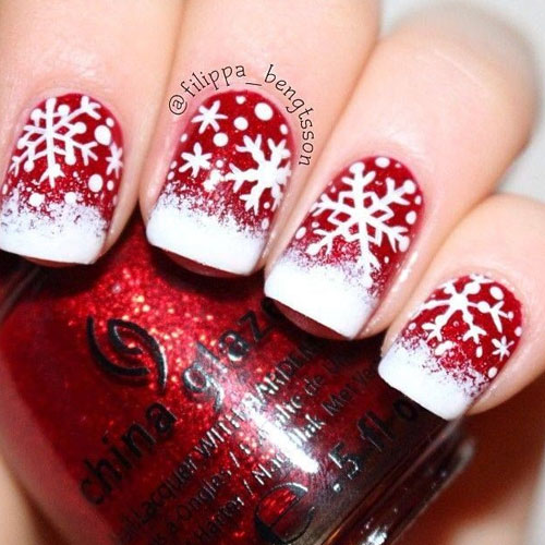 Red And White Snowflakes Design Nail Art
