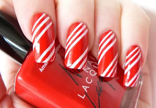 Red And White Stripes Christmas Nail Art Design Idea