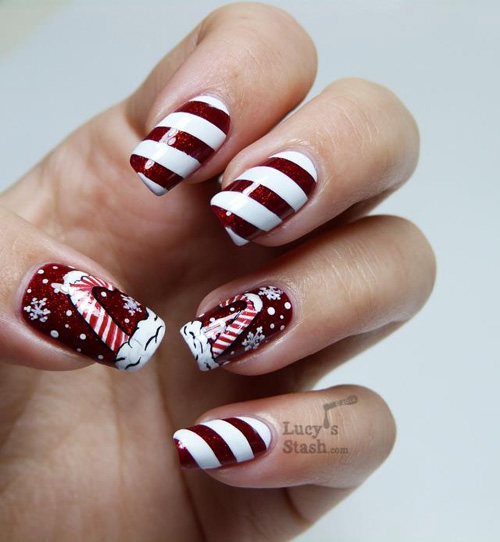 Red And White Stripes Design Christmas Nail Art