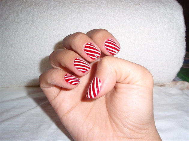 Red And White Stripes Design Nail Art Idea