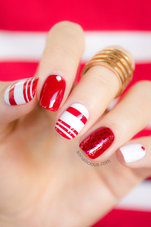 Red And White Stripes Design Nail Art