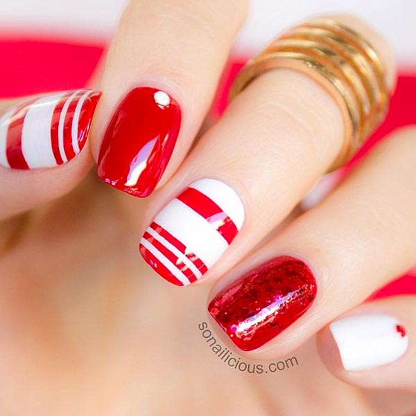 Red And White Stripes Design Short Nail Art