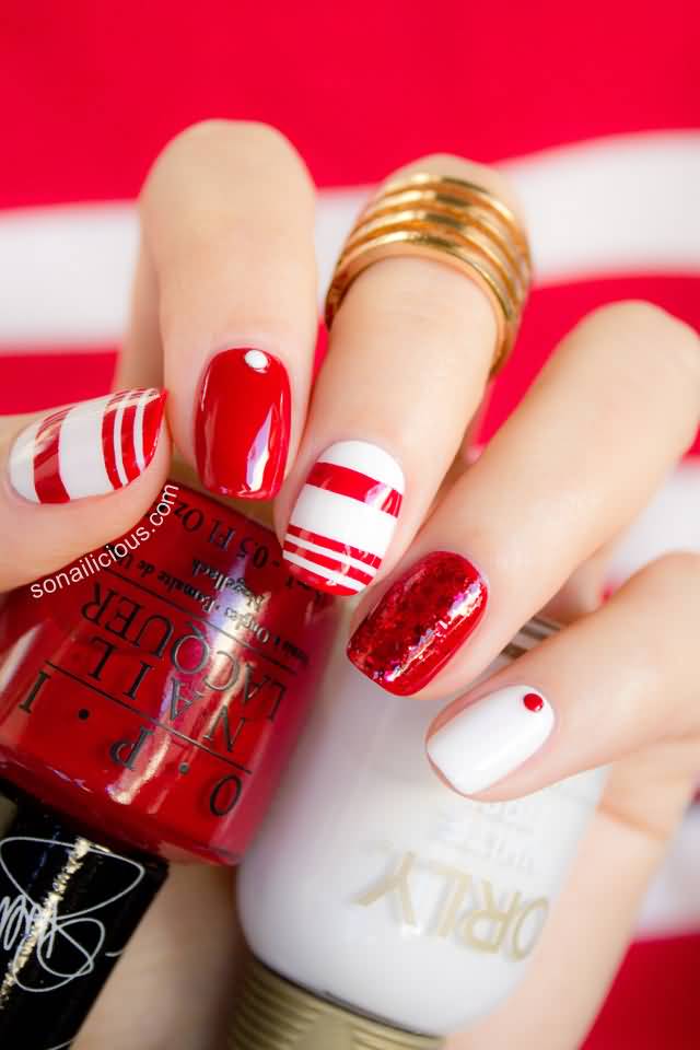 Red And White Stripes Nail Art Design