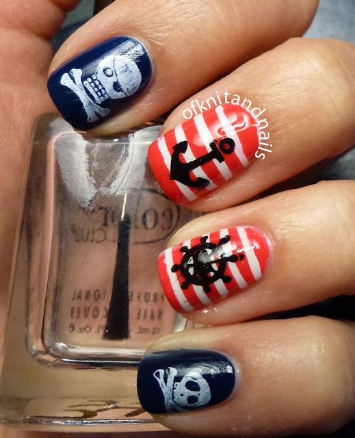 Red And White Stripes With Anchor And Sailor Sign Pirates Nail Art