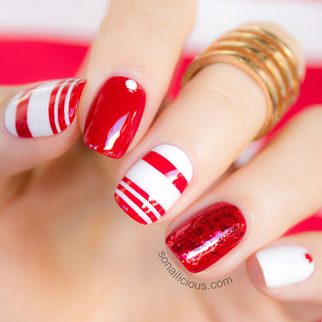 Red And White Striping Tape Nail Art