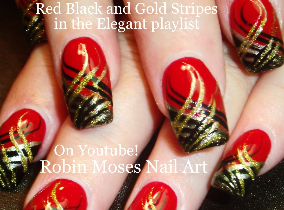 Red Black And Gold Stripes Nail Art With Tutorial