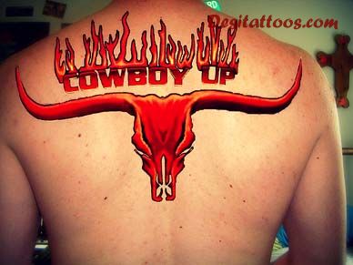 Red Cowboy Skull Symbol Western Tattoo On Upper Back