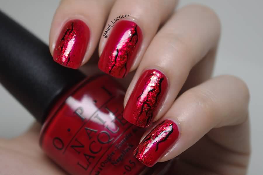Red Cracked Design Nail Art