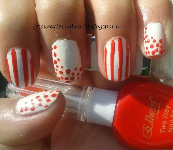 Red Dots And Stripes Nail Art Design