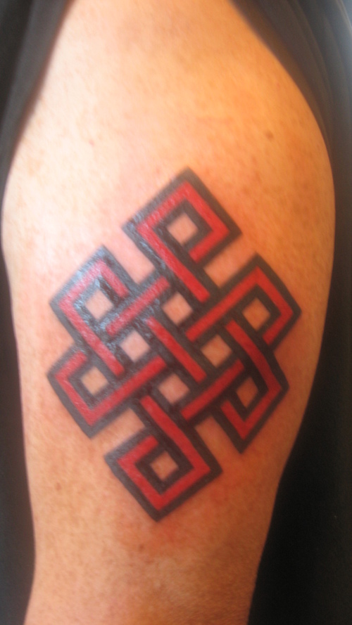 Red Endless Knot Half Sleeve Tattoo