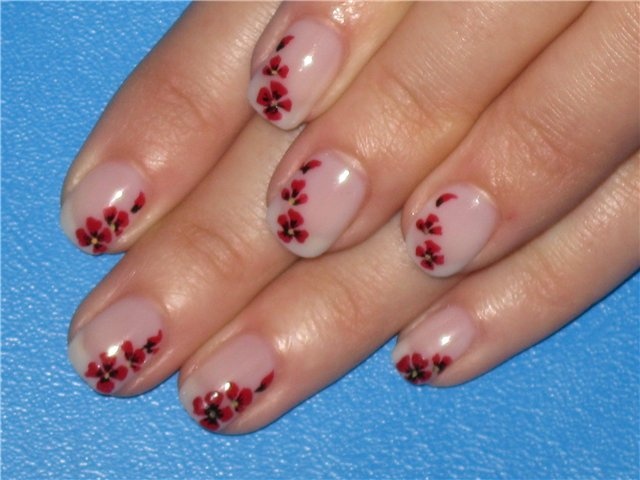 Red Flowers On Nude Short Nails