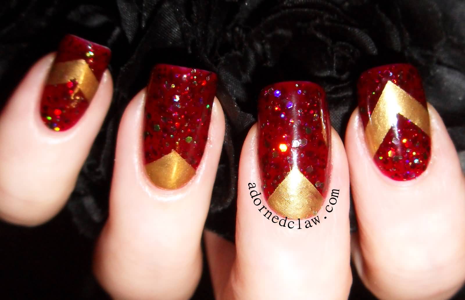 Red Gel And Gold Chevron Nail Art