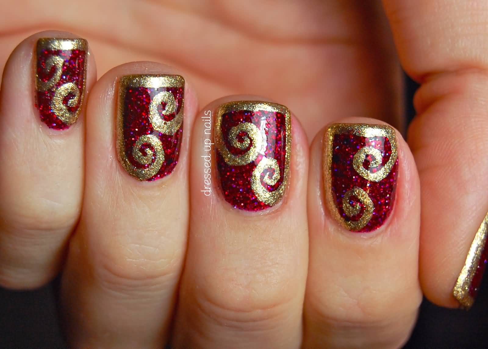Red Gel Nails With Gold Swirls Design Nail Art