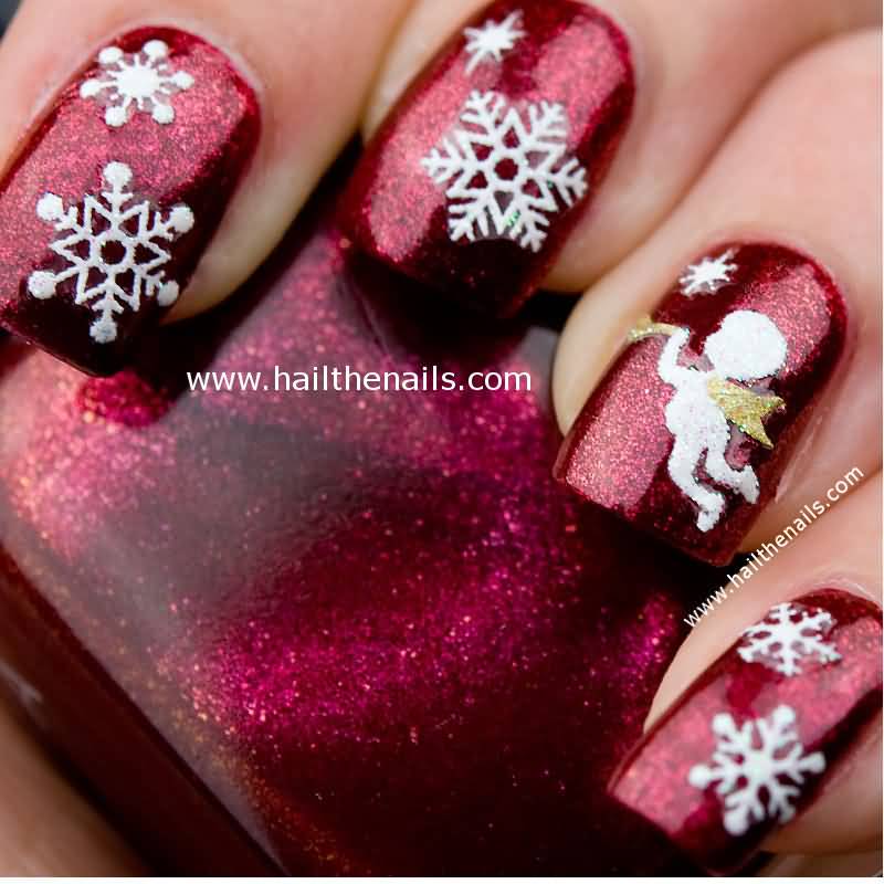 Red Gel Nails With Snowflakes And Angel Design Nail Art