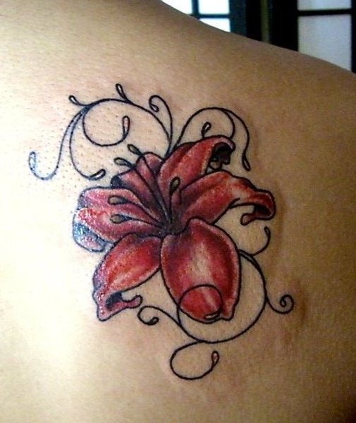 Red Gladiolus Flower Tattoo On Right Back Shoulder