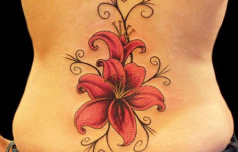 Red Gladiolus Tattoo On Lower Back