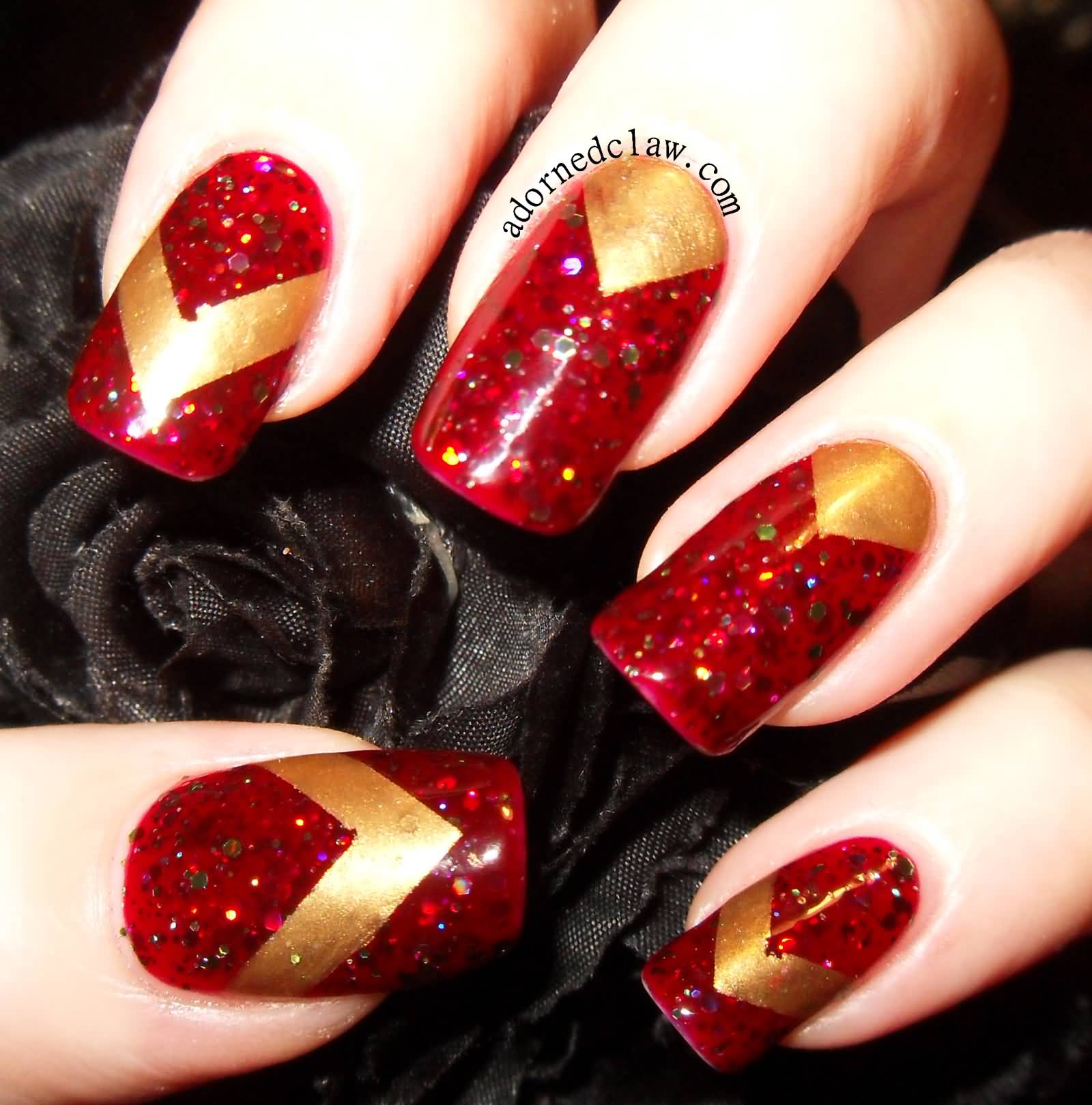 Red Glitter Gel Nails With Gold Chevron Nail Art Design