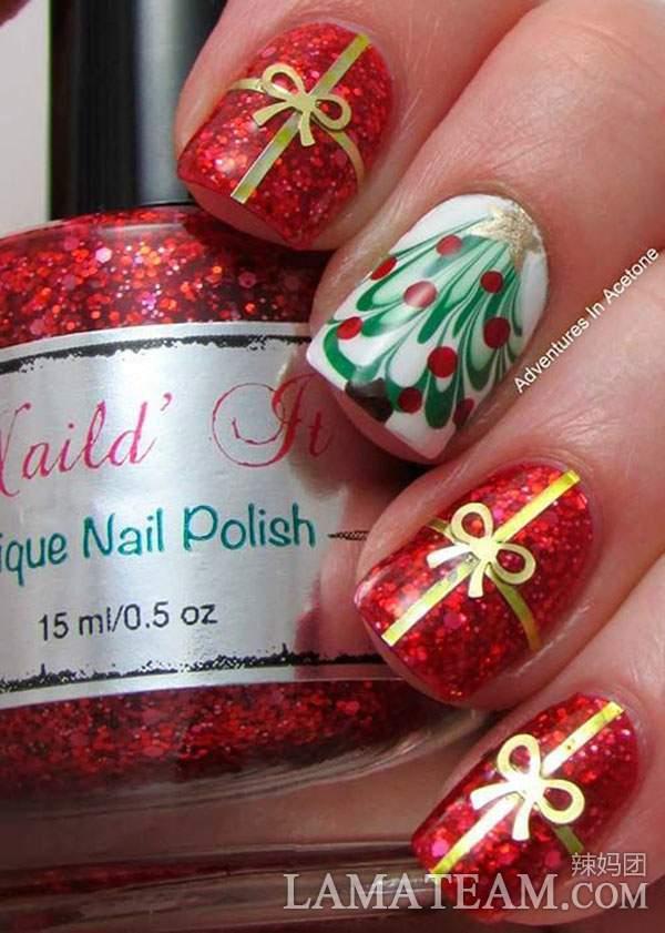 Red Glitter Gel With Golden Bow Design Nail Art
