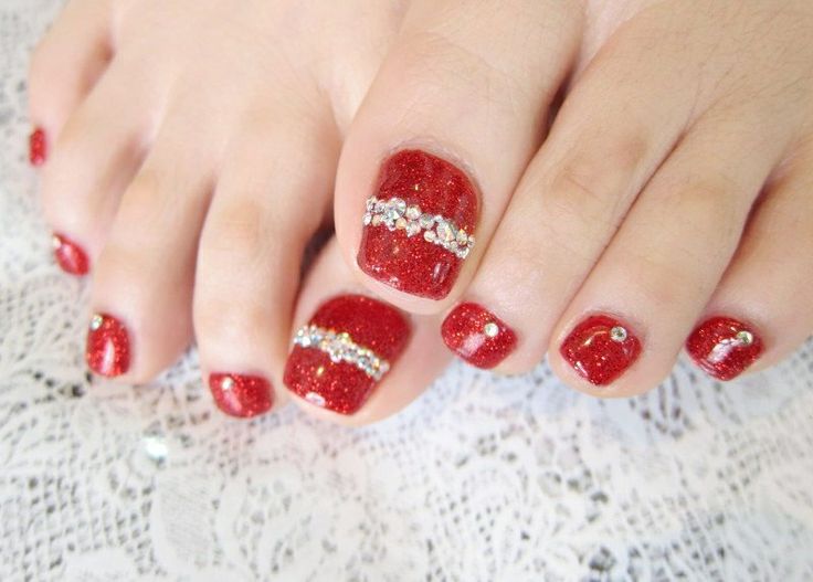 Red Glitter Gel With Rhinestones Toe Nail Art