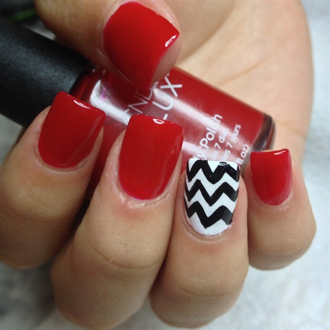 Red Glossy Nails With Black And White Chevron Design Nail Art