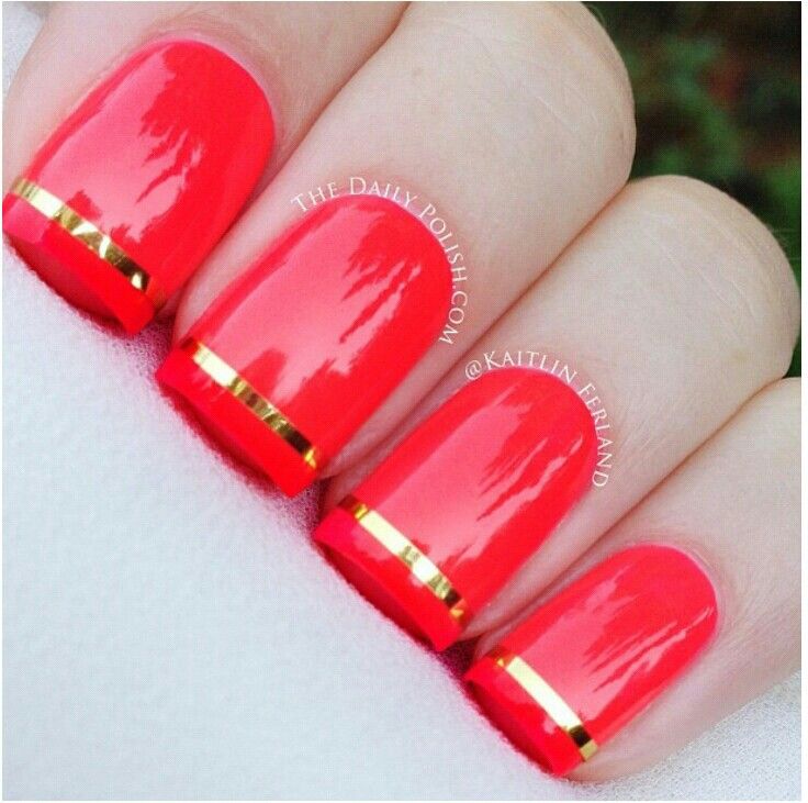Red Glossy Nails With Gold Stripes Design Idea