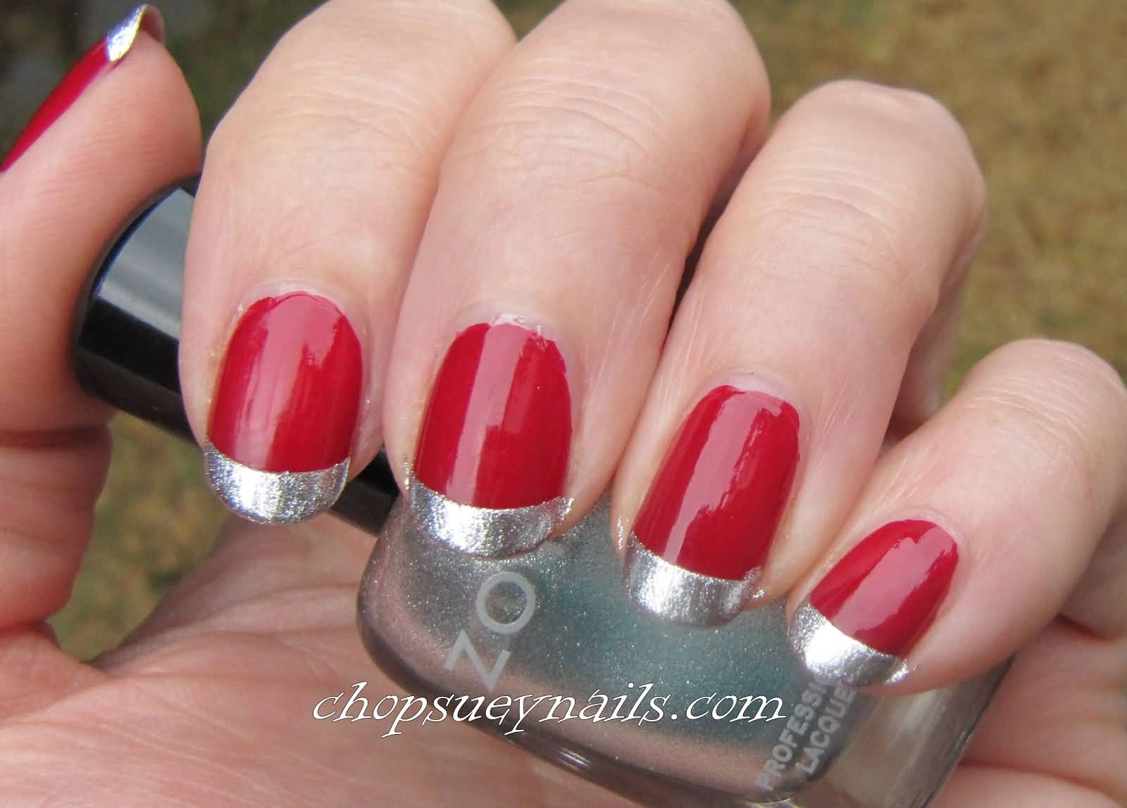 Red Glossy Nails With Silver Tip Nail Art