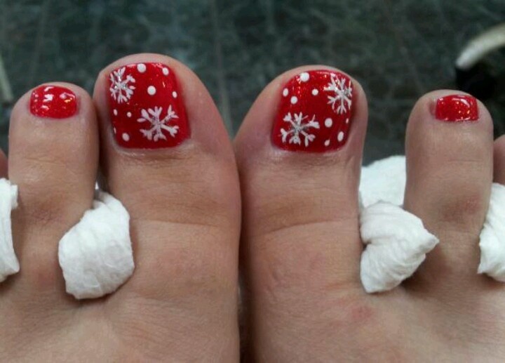 Red Glossy Toe Nails With White Snowflakes Design Idea