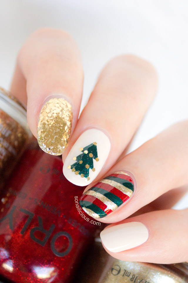Red Green And Gold Stripes Design Christmas Nail Art