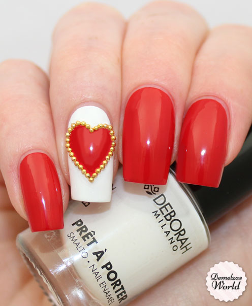 Red Heart With Gold Caviar Beads Design Nail Art